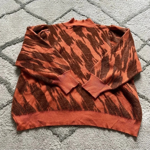 ELOQUI Intarsia Mock Neck Sweater orange brown  puff sleeve 26 / 28 - Picture 11 of 13